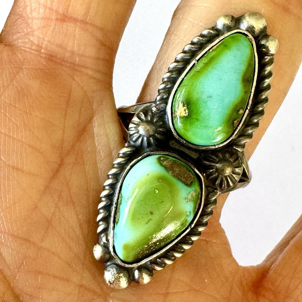 Navajo Sonoran Gold Turquoise Ring‎ 2 Stone Size 7 Signed Shakey Long Sterling